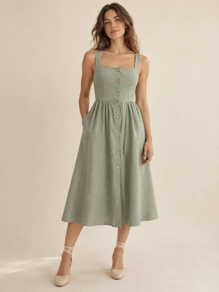 Aline Button-Front Midi Dress, Sage Green