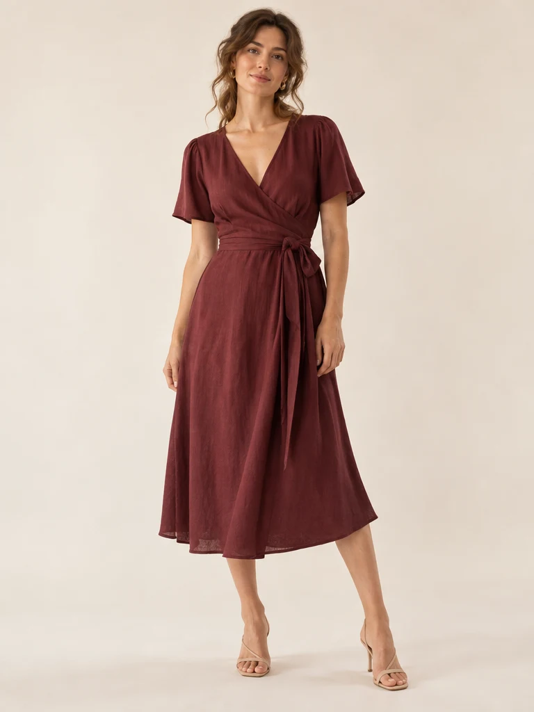 Camille Wrap Midi Dress, Burgundy