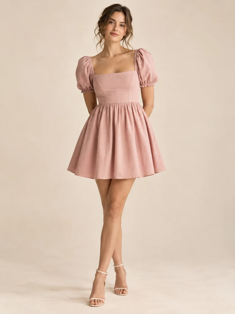 Colette Puff-Sleeve Mini Dress, Dusty Pink