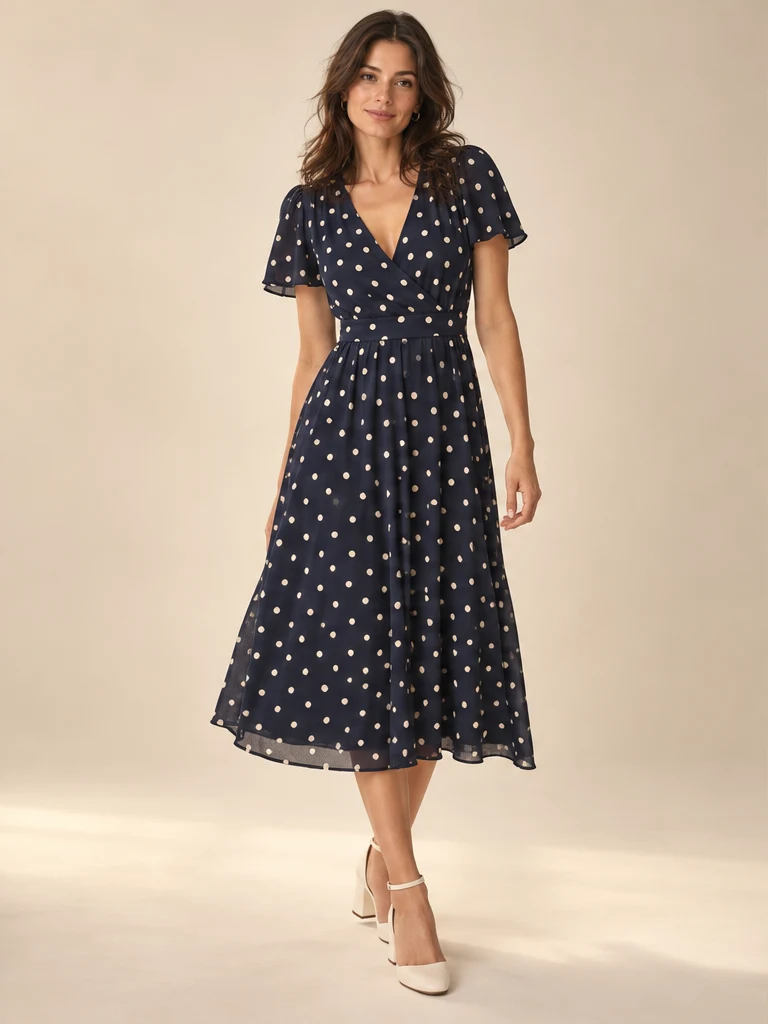 Élodie Polka-Dot Midi Dress, Navy & Ivory Dots