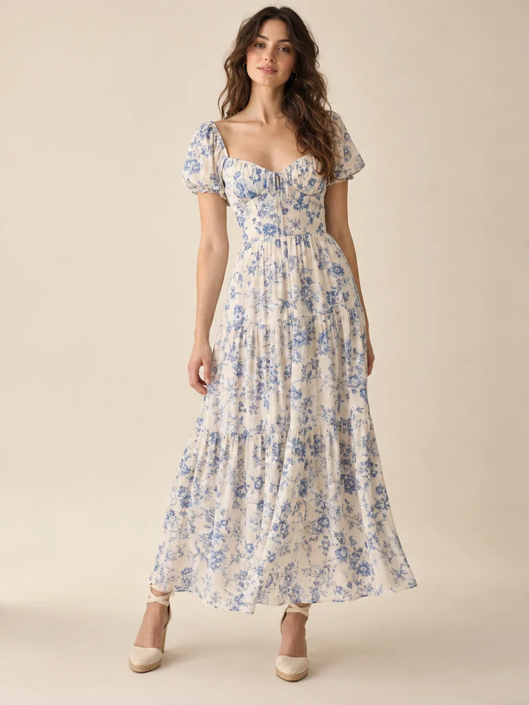 Fleur Garden Maxi Dress, Cream Blue Floral