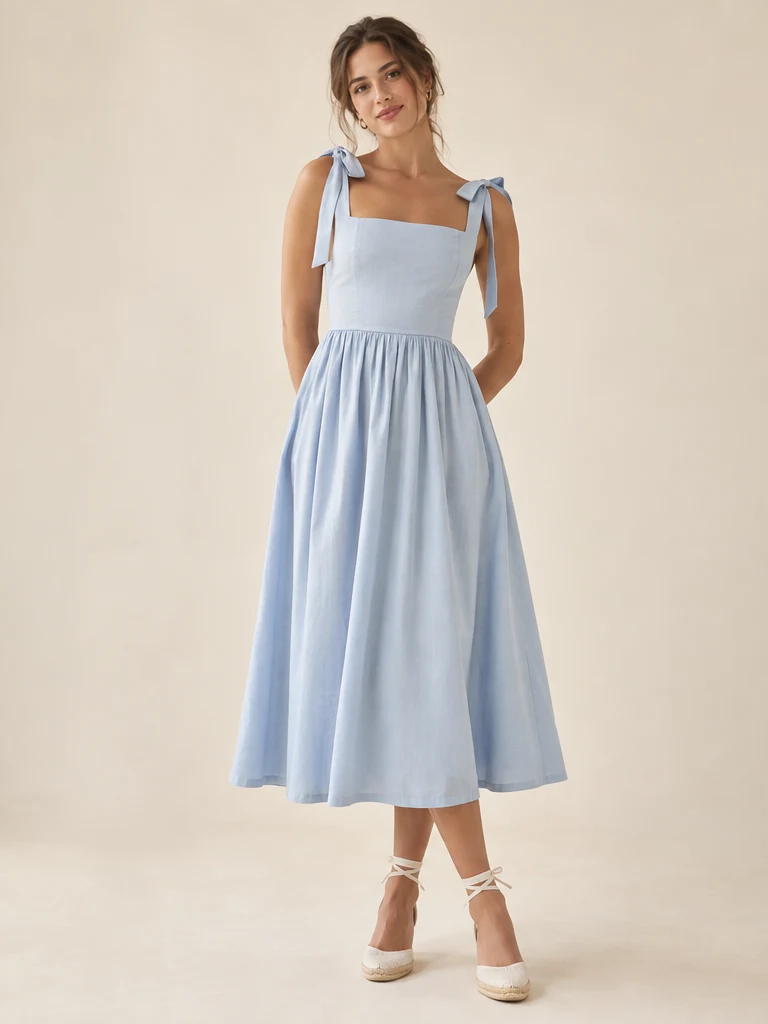 Manon Tie-Strap Midi Dress, Pale Blue